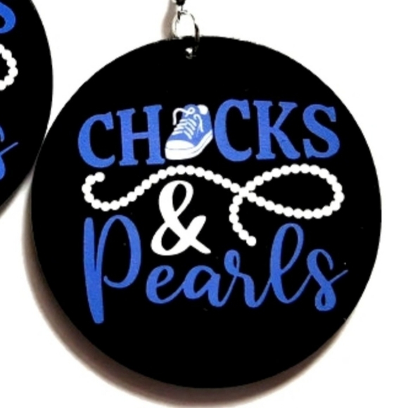 Blue CHUCKS and PEARLS Statement Wood Dangle Drop Earrings - Picture 4 of 6